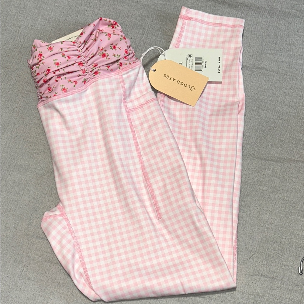 Blogilates Pink Gingham Leggings with Floral Ruched Waistband